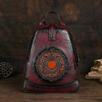 „Johnature Vintage Totem“ reljefinė kuprinė Universali moteriška odinė rankinė, vienspalvė, didelės talpos kelioninės kuprinės vyno raudonos spalvos