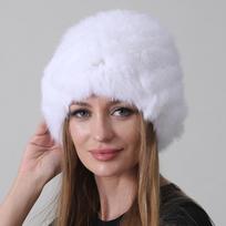 Megzta triušio kepurė su natūraliu kailiu šilumai žiemą Elastic (55-60cm) balta