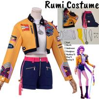 Rumi Cosplay Kostiumas Anime Filmas KPop Demonų Medžiotojai Geltona Striukė Huntrix Uniforma Auskarai Šortai Helovinas Moterims Mergaitėms XS