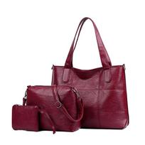 Trijų dalių krepšių rinkiniai Didelės talpos nešiojamas krepšys Moteriškas minkštas odinis pečių krepšys Motinos krepšys rankinė su Crossbody Bag Monetų piniginė raudona
