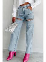 2025 Women's High Waist Straight-Leg Jeans with Chain and Washed Finish Extra Large šviesiai mėlyna spalva