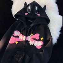 Harajuku Devil siuvinėti gobtuvai Moteriški japoniški, saldūs gatvės drabužiai Animaciniai filmai Laisvi megztiniai Pora Su užtrauktuku užtraukiamas gobtuvas Goth Y2k drabužiai M juoda