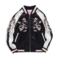 Moteriška satininė siuvinėta bomber stiliaus beisbolo striukė, dvipusė, moteriškas paltas, gėlėta, Harajuku stiliaus, rudeninė, japoniškas šilkas, mergaitėms XS (35-47kg) rožinė