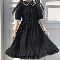Lolita Sweet Bow-knot Girl Retro Style Student Girls Lace Cuff Mid-calf Solid Color Dress XXXXL juoda