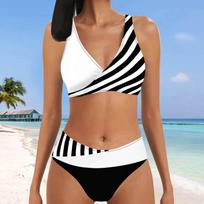 Moteriškas „Halter“ juodos ir oranžinės spalvos juostelėmis margintas maudymosi kostiumėlis „Bikinis Tankini“. S balta