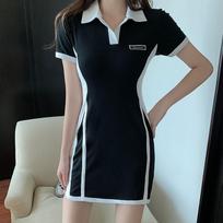 Summer Women Contrast Color Patchwork Polo Collar Bodycon Y2K Mini Dress Trendy Appliques Short Sleeve Sport Casual Dresses Ropa S juoda