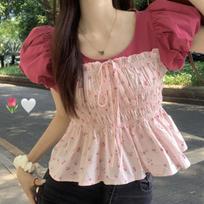 Sweet Puff Sleeve Slim Shirring Blouse Summer Broken Flowers Spliced Women's Clothing O-Neck Fashion Drawstring Bow Waist Shirt S raudona