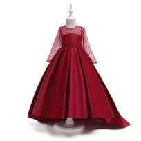 Vaikų princesės ilgomis rankovėmis oficiali vestuvių gėlių mergaitės suknelė 130CM (Recommended for 6-7 years) raudona