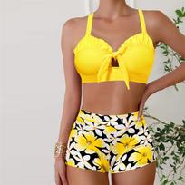 Moteriški maudymosi kostiumėliai, bikini, 2 dalių maudymosi kostiumėlis be nugarų, paplūdimio dėvėjimas, geltonas stiebas su gėlių raštais maudymosi kostiumėliai, pakabinamas ant kaklo S geltona
