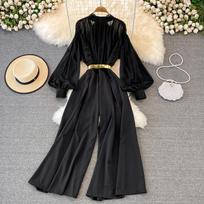 Vintage moteriški kombinezonai Rudens Žibinto stiliaus ilgomis rankovėmis Standus apykaklė Aukštas juosmuo Plati klešnė Drapiruotas kombinezonas Moteriški elegantiški kombinezonai One Size