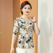 New Summer Fashion Print Loose Middle Aged and Elderly Slimming Stylish Mom's 3/4 Sleeve Top T-shirt L žalia