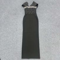 Luxurious Rhinestone Satin Off-shoulder Bodycon Dress Medium mėlyna