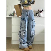 Moteriški „Cargo“ džinsai „Amerikietiški“ gatvės stiliaus „Baggy Cargo“ kelnės, moteriški, mėlyni, daugiakišeniai, plačios kelnės moterims XS mėlyna