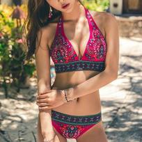 Vintažinis push-up moteriškas bikini maudymosi kostiumas Gėlėtas spausdintas bikini komplektas Maudymosi kostiumas moterims Vasaros Bohemiškas tvarstinis maudymosi kostiumas Paplūdimio drabužiai S karšta rožinė spalva