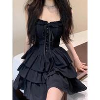 Gothic Goth Harajuku Sexy Slip Suknelė su raukiniais Y2k Streetwear Tamsios pankiškos torto suknelės Vakarėlis Korėjos mados vasara XS juoda