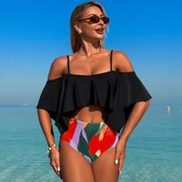 Bikini rinkiniai moterims, su raukiniais bikini, liemenėlė ir šortai su paveikslėliais, moteriški aukšto juosmens vasariniai paplūdimio maudymosi kostiumai S juoda