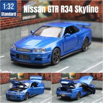 1/32 Nissan Skyline GTR R34 JDM Žaislinio automobilio modelis Diecast Transporto priemonė Miniatiūra Garsas ir Šviesa Atitraukiamas Kolekcija Dovana Vaikams Berniukui