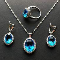 Cirkonio vestuvinis papuošalų rinkinys: Vėrinys, Auskarai ir Žiedas su Spalvotais Brangakmeniais Adjustable Ring Set jūros mėlyna spalva