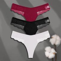 FINETOO 3Pcs Women's Cotton Underwear Lace Thongs Sexy Solid Color Low Waist Bikini Panties Ladies Breathable G-string Lingerie S