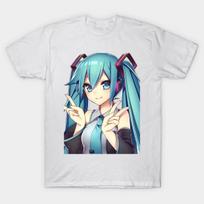 Vyriški juodi spausdinti itin dideli marškinėliai. „Hatsune Miku“ medvilniniai marškinėliai su perkeliamu popieriumi ir be kirpimo. M balta
