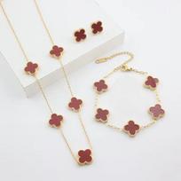 3 vnt. Universalus nerūdijančio plieno dobilų papuošalų moteriškas rinkinys: vėrinys, auskarai, apyrankė, personalizuoti aksesuarai necklace+bracelet+earring raudona