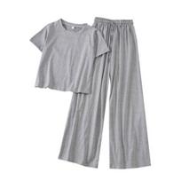 2 Pcs/Set Women T-shirt Pants Set Solid Color Round Neck Short Sleeves Elastic Waist Wide Leg Homewear L pilka