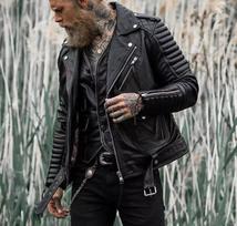 AL KHALID Avikailio odinė striukė Bikeris Motociklininko Natūrali Juoda Slim Fit Striukė Vyrams S juoda
