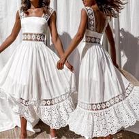 Moteriška Boho Lace Maxi suknelė Vasaros laisvalaikio atostogų paplūdimio Ilgas Sundress XXXL balta