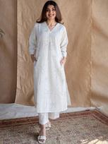 Indijos Bolivudo viršutinė tunika „Kurta Palazzo“ rinkinys, moterų dizainerių vakarėlių drabužiai, „Kurti“ suknelė L balta