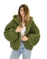 Autumn Winter Loose Lazy Style Hand-Knitted Hooded Women's Cardigan Sweater One Size žalia