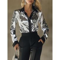 Elegantiški moteriški satino marškiniai ilgomis rankovėmis su leopardo raštu, sagomis, kontrastinga apykakle, biuro viršus S pilka spalva