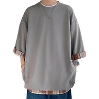 Summer Men T-shirt Round Neck Loose Fake Two-piece Mid Length Solid Color Plus Size Three Quarter Sleeves Streetwear Outdoor Top L pilka