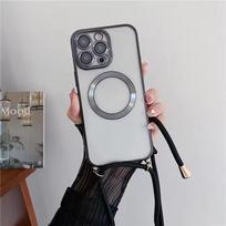 Skaidrus magnetinis dėklas su danga, skirtas belaidžiam įkrovimui MagSafe, skirtas iPhone 17 Air 16 15 14 13 12 11 Pro Max Plus, su kryžminiu dirželiu-kaklo papuošalu iPhone 17 Pro Max juoda