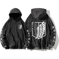 Attack on Titan Manga Hoodie Harajuku Megztinis Vyrams Moterims Ilgomis Rankovėmis Streetwear Drabužiai Vintage Skalbtas Medvilninis Megztinis su Gobtuvu S juoda
