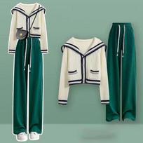 Spring Autumn Knitted Sailor Neck Women's Knitted Cardigan Elastic Wide Leg Pants Long Sleeve Sportswear Two Piece Set XS žalia