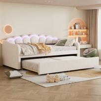 Dienos lova su ištraukiama lova ir LED apšvietimu 90x200 cm aksomas smėlio spalva 1 vnt