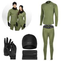 Termo drabužių komplektas unisex 5 viename L dydis – žali marškinėliai ir kelnės, juoda kepurė, pirštinės ir kaklo mova – dėvėjimui vėsesniu oru, L