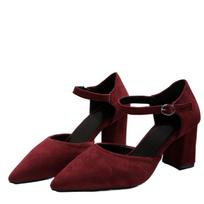 Moteriški Batai Kulkšnies Sagtis Dirželis Moteriški Aukštakulniai Elegantiški Suknelės Bateliai Moteriški Smailus Pirštas Vienspalviai Stori Kulniukai Seklūs Sandalai 34 vyno raudonos spalvos