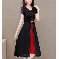 Summer Fashion Fake Two Pieces Elegant Fashion A-line Robe Femme Short Sleeve Patchwork Midi Vestidos Women Slim Casual Dress L raudona