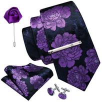 Barry, Wang kaklaraiščių rinkinys vyrams Violetinis Paisley Šilko kaklaraištis Hanky ​​rankogalių segtukų komplektas Boutonniere kaklaraiščių segtukų rinkinys N-5216