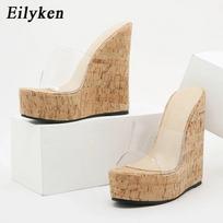 Eilyken Elegant atviru pirštu PVC skaidraus medžio grūdų pleišto moteriškos šlepetės Madingi moteriški lauko paplūdimio aukštakulniai slydimo batai 35 abrikosas
