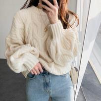Women's Lantern Sleeve Cable Knit Cardigan - Autumn/Winter Korean Loose Style Sweater One Size smėlis