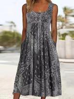 Retro Sleeveless Summer Dress with Crew Neck and Pockets – Loose Holiday Print Style L