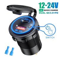 USB tipo C dviejų jungčių automobilinio motociklo valties įkroviklio lizdas QC 3.0 PD greito įkrovimo automatinis maitinimo adapteris su įjungimo / išjungimo jungikliu 12–24 V universali mėlyna šviesa Without Wire žalia