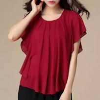 2024 Casual Loose Stylish Round Neck Blouse Female Clothing Commute Ruffles Patchwork All-match Folds Short Sleeve Chiffon Shirt L raudona
