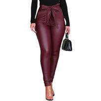 Moteriškos PU odinės kelnės Slim Fit aukštu juosmeniu antblauzdžiai Jeggings siauros kelnės su diržu S raudona