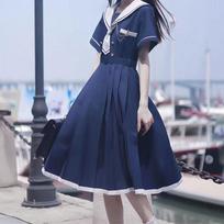 Suknelė Moteriška JK Merginos Japoniškas Preppy Style Lolita Sailor Kostiumo Suknelės Y2k Gothic Kawaii Vintažinė trumpomis rankovėmis Vasarinė midi suknelė M tamsiai mėlyna spalva