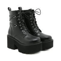 Vidurio blauzdos batai Platformos Goth Shoes Chunk Heels Juodos odos didelio dydžio šoniniai užtrauktuku Rave Combat Batai Moteriški Suvarstomi 35 juoda