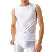 Vyriška liemenė blizgiu lygiu paviršiumi, gryno slim fit stiliaus, be rankovių, labai elastinga, spalvota, apvaliu kaklu, fitneso treniruotėms, sporto salei, tank top M balta