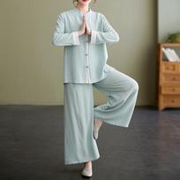Vasarinis medvilninis ir lininis Tai Chi kostiumas, laisvi treniruočių drabužiai, zen budistų vienuolio kostiumas, dviejų dalių komplektas S žalia